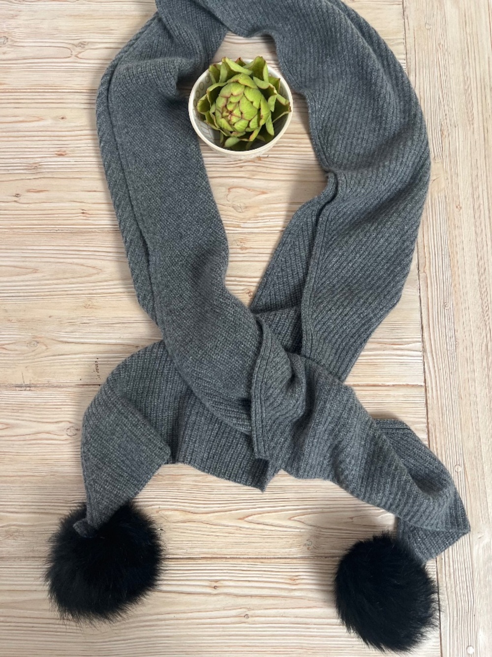 Rag & Bone 100% Cashmere Scarf Gray Black Fur Pom Poms